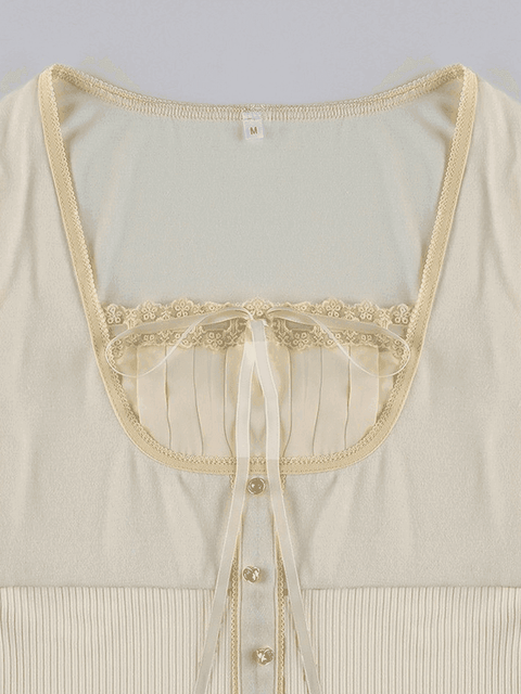 Fleece Bow-Neck Ribbed Lace Blouse - HouseofHalley