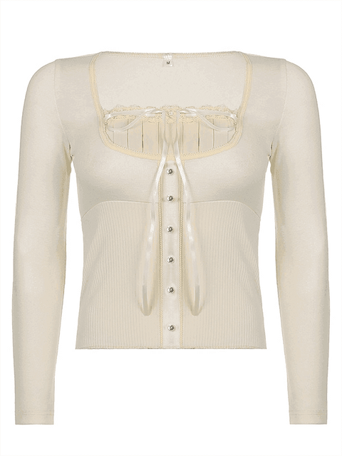 Fleece Bow-Neck Ribbed Lace Blouse - HouseofHalley