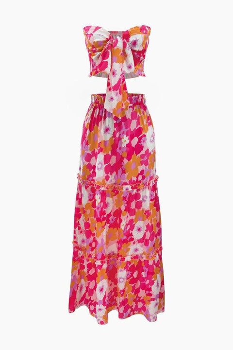 Floral Print Knot Tube Top And Frill Maxi Skirt Set - HouseofHalley