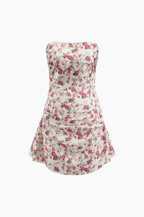 Floral Print Pleated Strapless Mini Dress - HouseofHalley