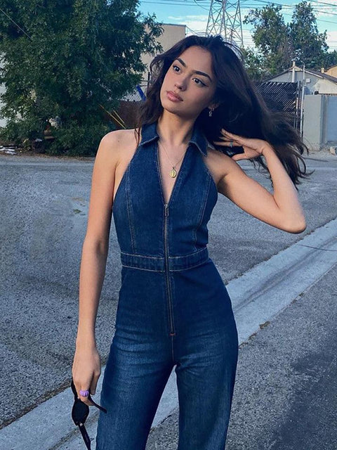 Halter Neck Denim Jumpsuit - HouseofHalley