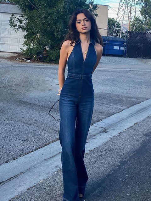 Halter Neck Denim Jumpsuit - HouseofHalley