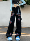Hip Hop Loose American Star Print Distressed Cargo Jeans - HouseofHalley