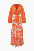 Knot Front Blouse And Leaves Print Wide Leg Pants Set - HouseofHalley