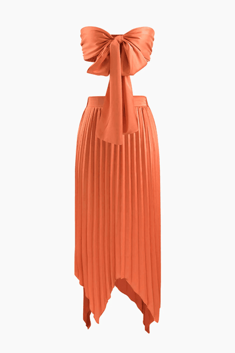 Knot Front Tube Top And Asymmetric Pleated Skirt Set - HouseofHalley