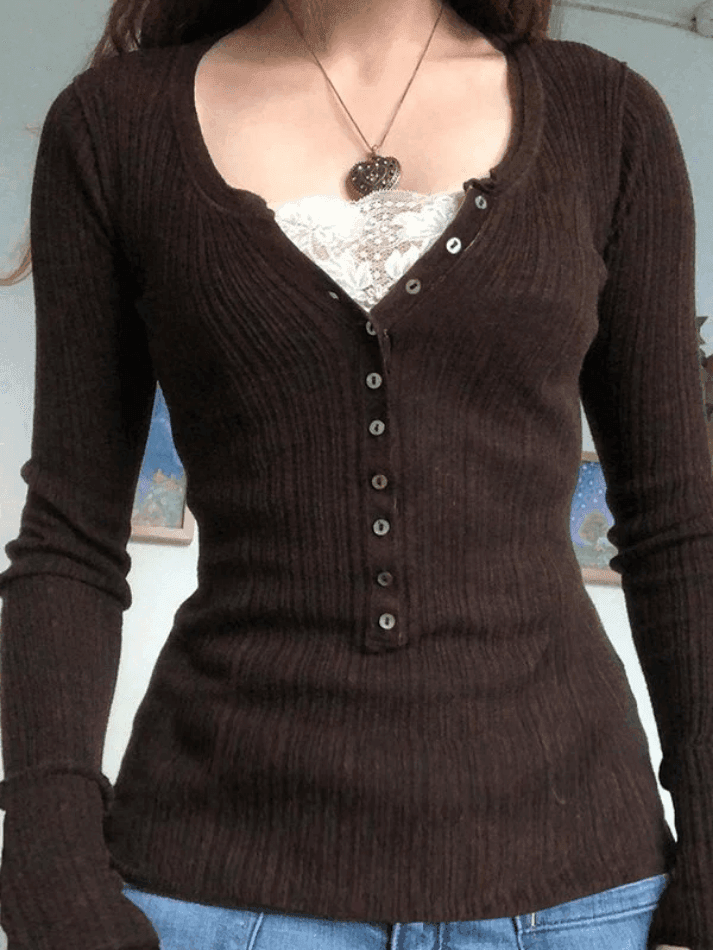 2024 Lace Paneled Button Long Sleeve Knit Top Brown S in Knits Online ...