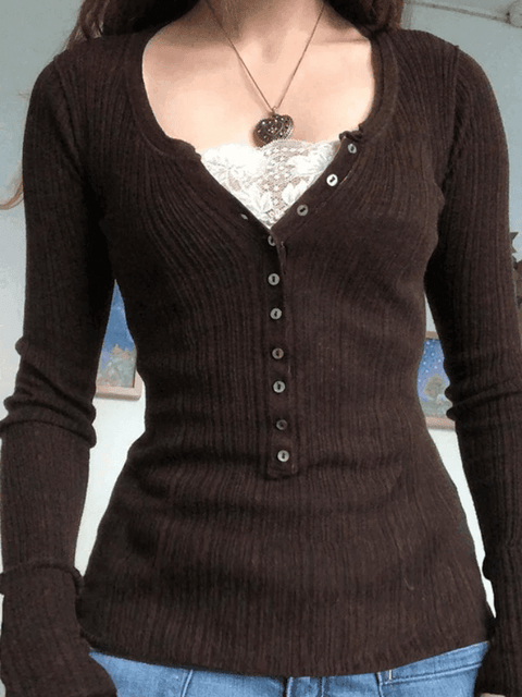 Lace Paneled Button Long Sleeve Knit Top - HouseofHalley