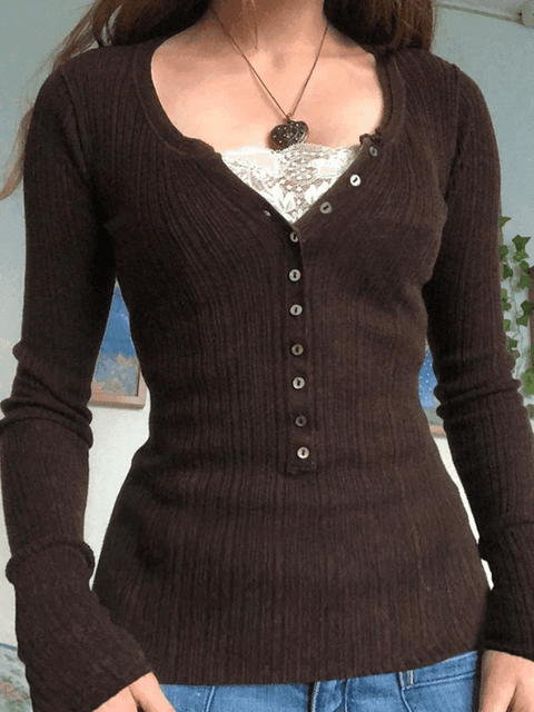 Lace Paneled Button Long Sleeve Knit Top - HouseofHalley