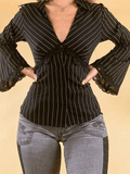 Lace Paneled Long Sleeve Striped Blouse - HouseofHalley