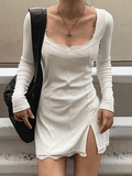 Lace Paneled Split Long Sleeve Mini Dress - HouseofHalley