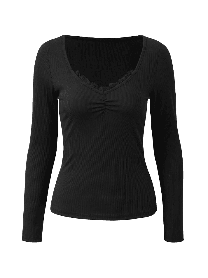 2024 Lace Trim Black Long Sleeve Knit Top Black S in Knits Online Store ...