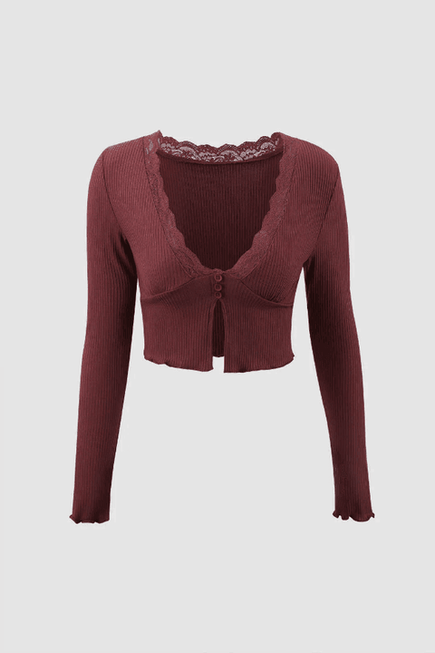 Lace Trim V-neck Long Sleeve Top - HouseofHalley