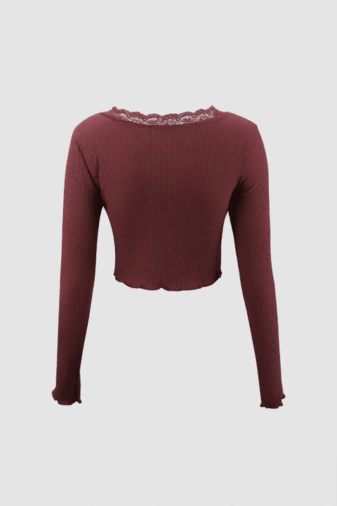 Lace Trim V-neck Long Sleeve Top - HouseofHalley