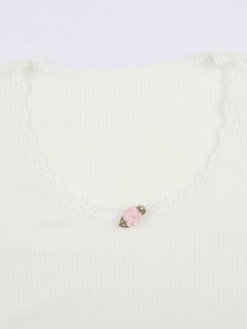 Lace Trim White Ribbed Knit Top - HouseofHalley