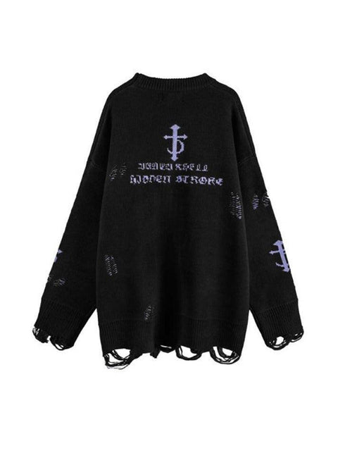 Letter Jacquard Ripped Holes Pullover Sweater - HouseofHalley