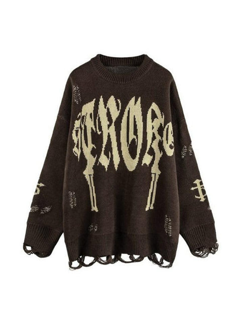 Letter Jacquard Ripped Holes Pullover Sweater - HouseofHalley