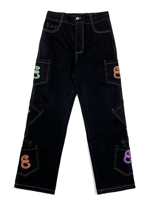 2024 Men's Multi Pocket Printed Cargo Jeans Black M in Jeans Online Store