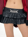 Metal Chain Low Waist Pleated Leather Mini Skirt