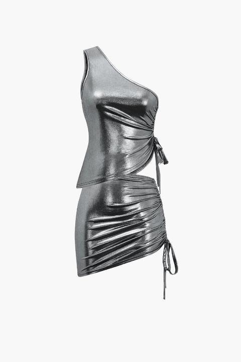 Metallic Drawstring Ruched Cami And Mini Skirt Set - HouseofHalley
