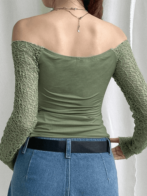 Off Shoulder Mesh Long Sleeve Blouse - HouseofHalley