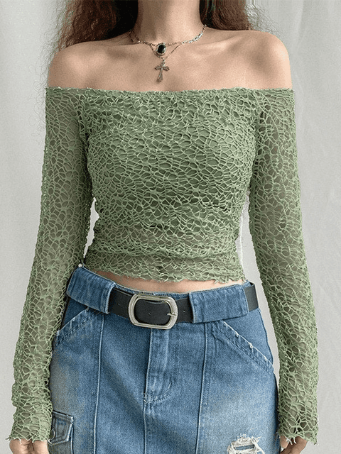 Off Shoulder Mesh Long Sleeve Blouse - HouseofHalley