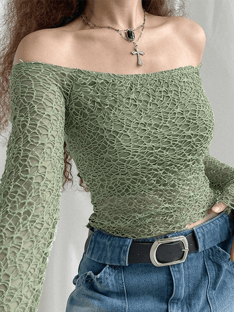 Off Shoulder Mesh Long Sleeve Blouse - HouseofHalley