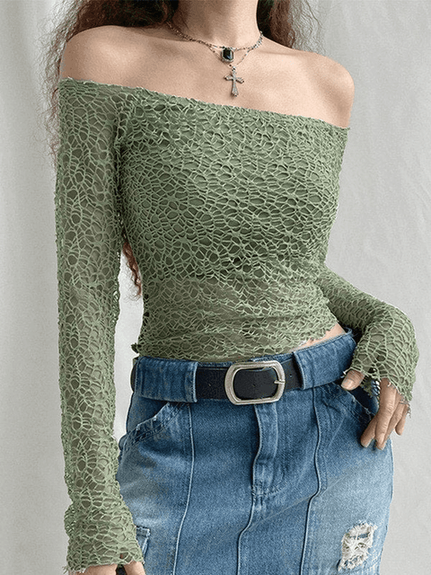 Off Shoulder Mesh Long Sleeve Blouse - HouseofHalley