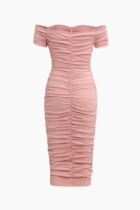 Off The Shoulder Ruched Bodycon Midi Dress - HouseofHalley