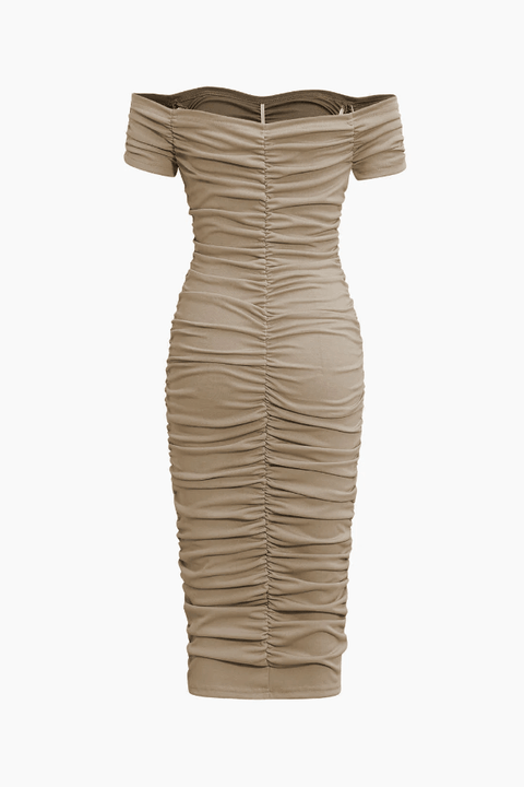 Off The Shoulder Ruched Bodycon Midi Dress - HouseofHalley