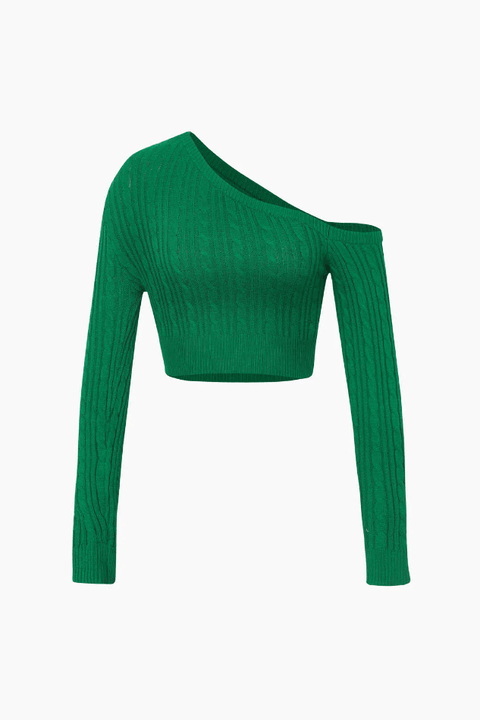 One Shoulder Cable Knit Crop Sweater - HouseofHalley