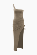 One Shoulder Ruched Drawstring Sit Maxi Dress - HouseofHalley
