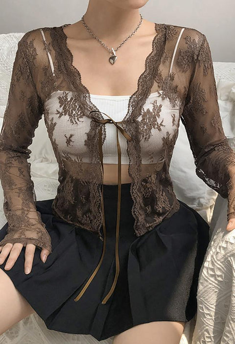 Open Front Lace Long Sleeve Crop Blouse - HouseofHalley