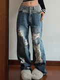 Patchwork Distressed Straight Leg Ripped Jeans - HouseofHalley