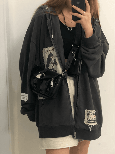 Patchwork Oversized Zip Up Hoodie - HouseofHalley