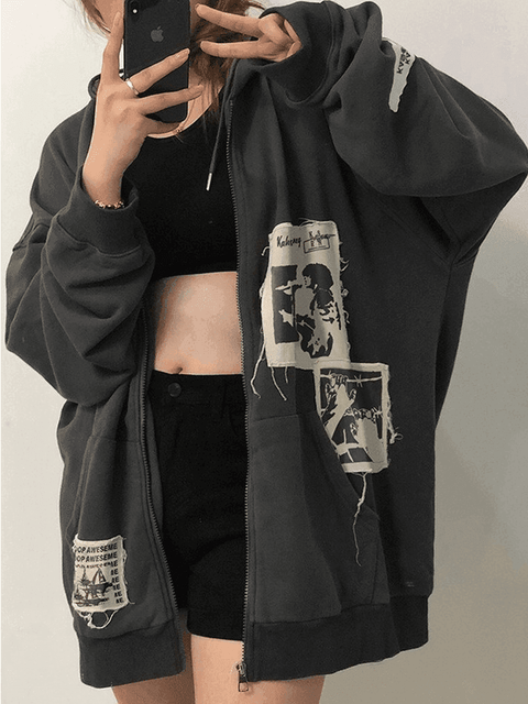 Patchwork Oversized Zip Up Hoodie - HouseofHalley