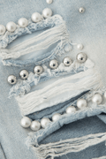 Pearl Embellished Frayed Distressed Denim Shorts - HouseofHalley