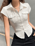 Pocket Button Down Cropped Blouse - HouseofHalley