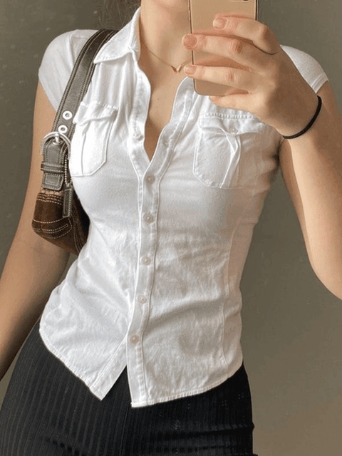 Pocket Button Down Cropped Blouse - HouseofHalley