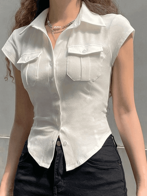 Pocket Button Down Cropped Blouse - HouseofHalley