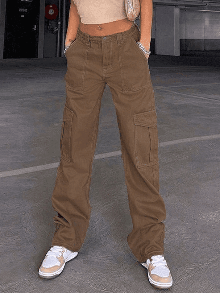 2023 Pocket Detail Straight Cargo Jeans Brown S in Jeans Online Store ...