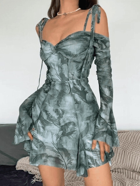 Print Lace Up Trumpet Sleeve Slim Mini Dress - HouseofHalley