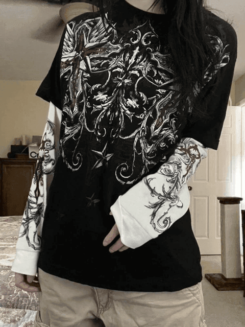 Punk Patchwork Long Sleeve Graphic Tee - HouseofHalley