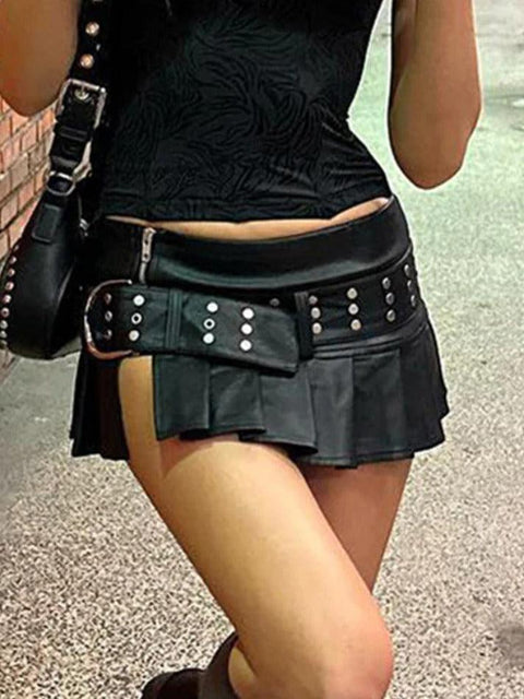 Punk Rivet Belted Pleated Slit Leather Mini Skirt - HouseofHalley