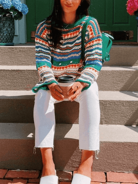 Rainbow Stripe Crochet Knit Sweater - HouseofHalley