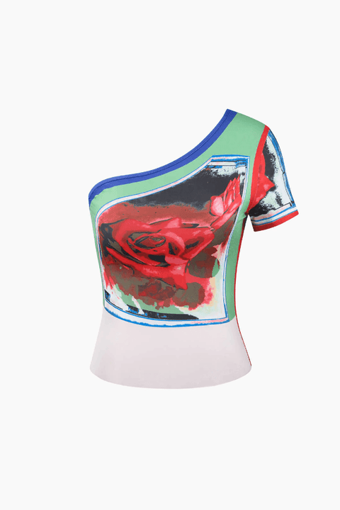 Rose Print Asymmetric T-Shirt And Midi Skirt Set - HouseofHalley