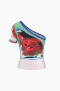 Rose Print Asymmetric T-Shirt And Midi Skirt Set