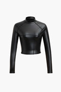 Seam Detail Faux Leather Long Sleeve Top - HouseofHalley