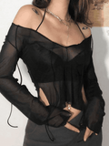 Sheer Mesh Lace Up Blouse - HouseofHalley