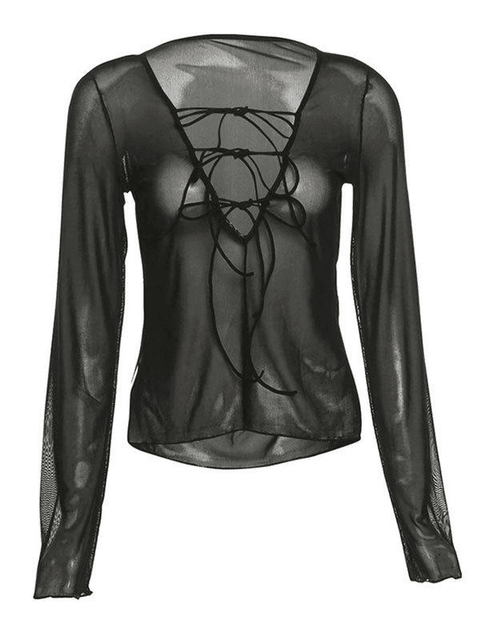 Sheer Mesh Lace Up Blouse - HouseofHalley