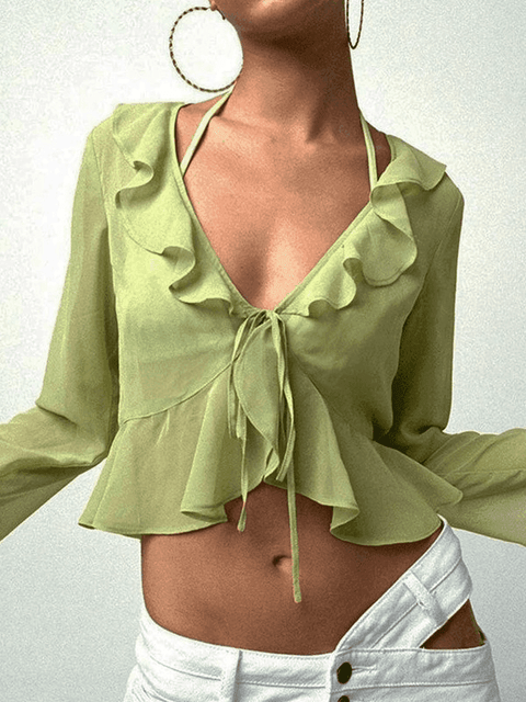 Sheer Mesh Ruffle Long Sleeve Crop Blouse - HouseofHalley